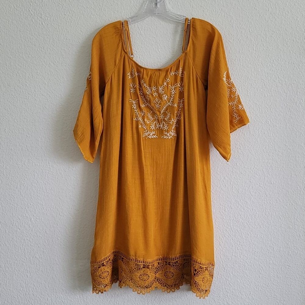 J GEE Dress Gauze Embroidery Boho Flowy Size Petite Medium Mustard Yellow PETITE